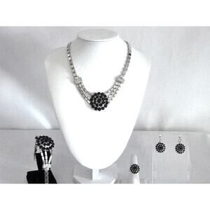 Black/silver rhinestone medallion necklace set, wedding MOB prom party necklace